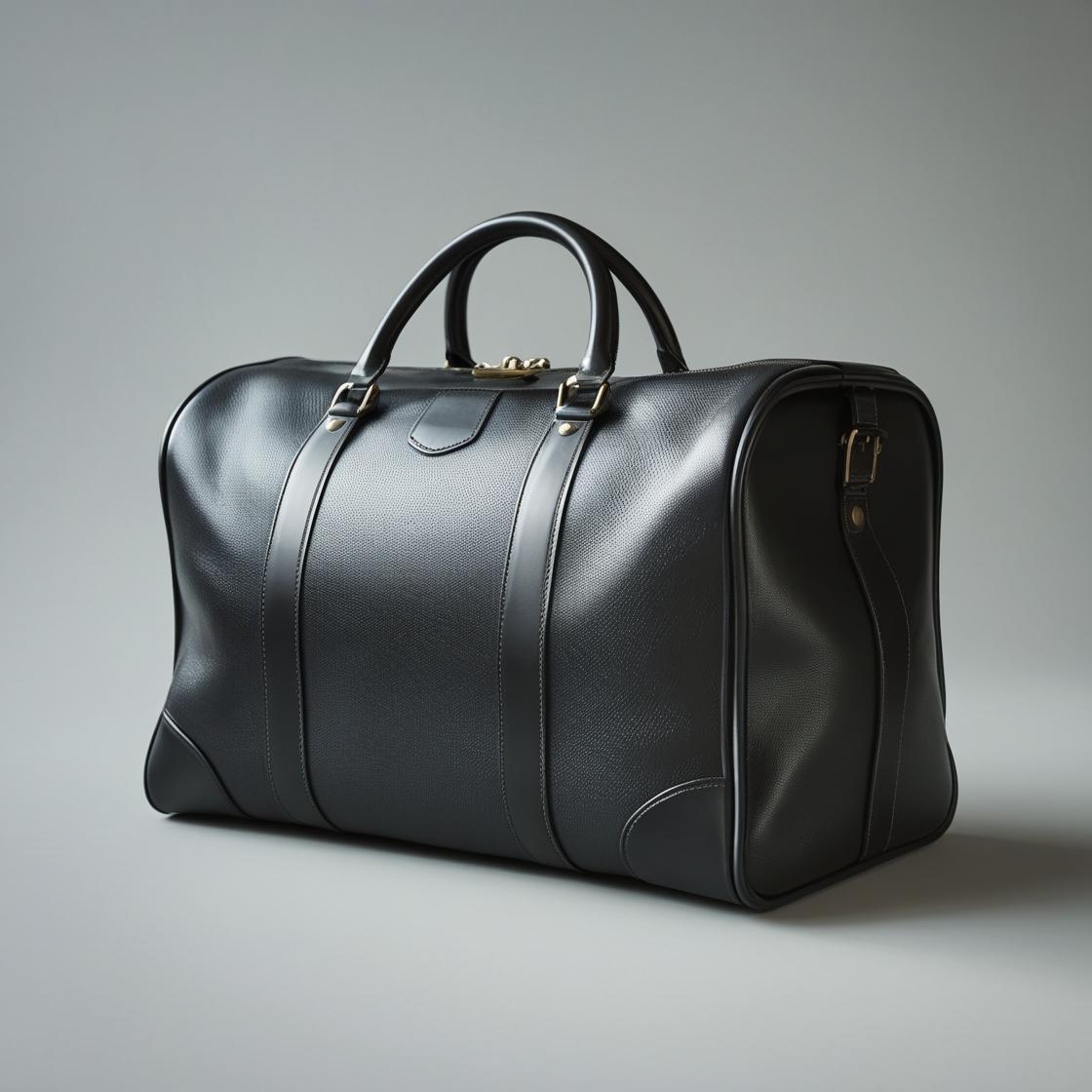 Striped Black Leather Duffle Bag
