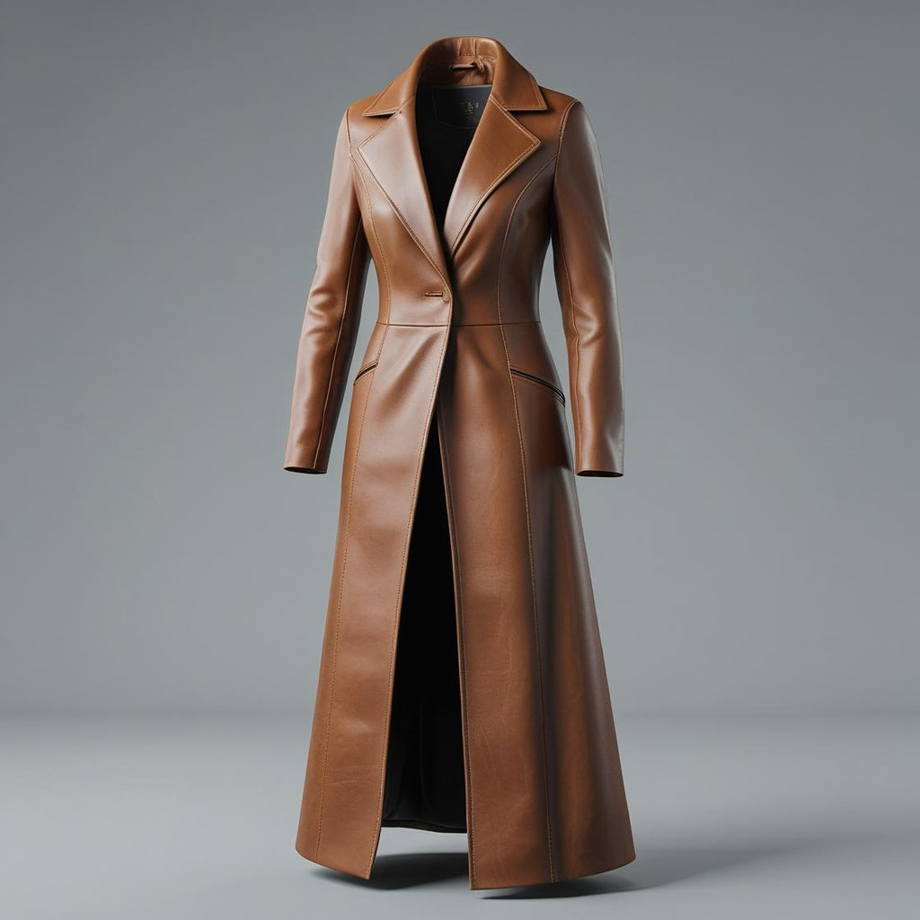 Female classic brown long leather jacket