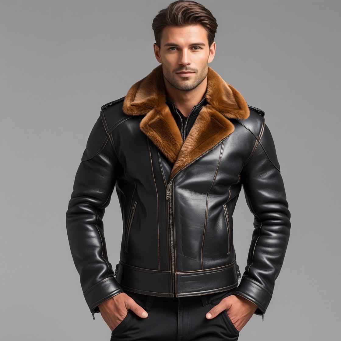 Black & Brown Fur Leather Jacket for Men