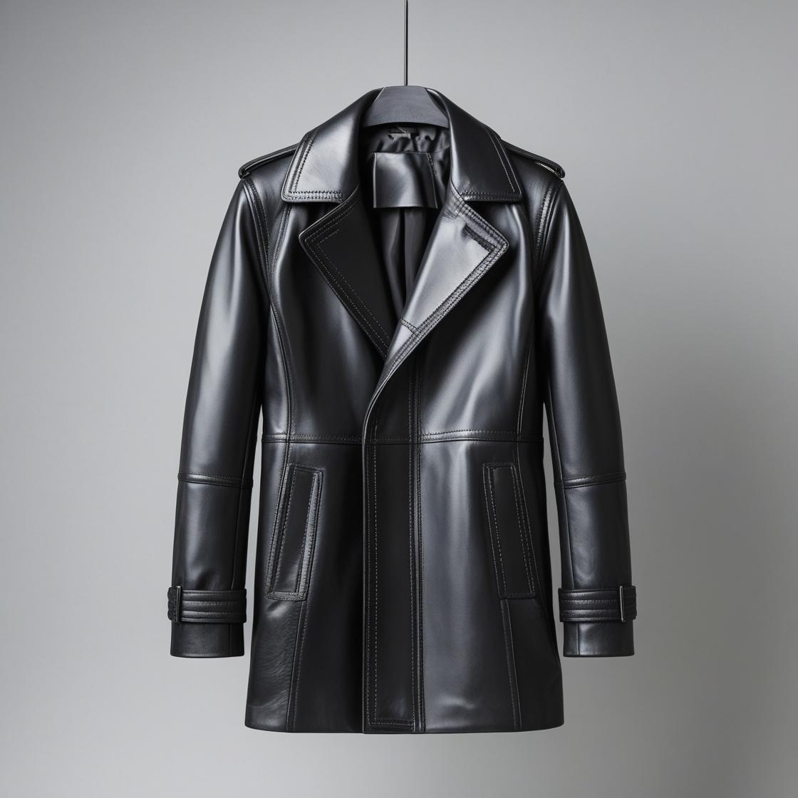 Black Stitched Leather Coat for Men