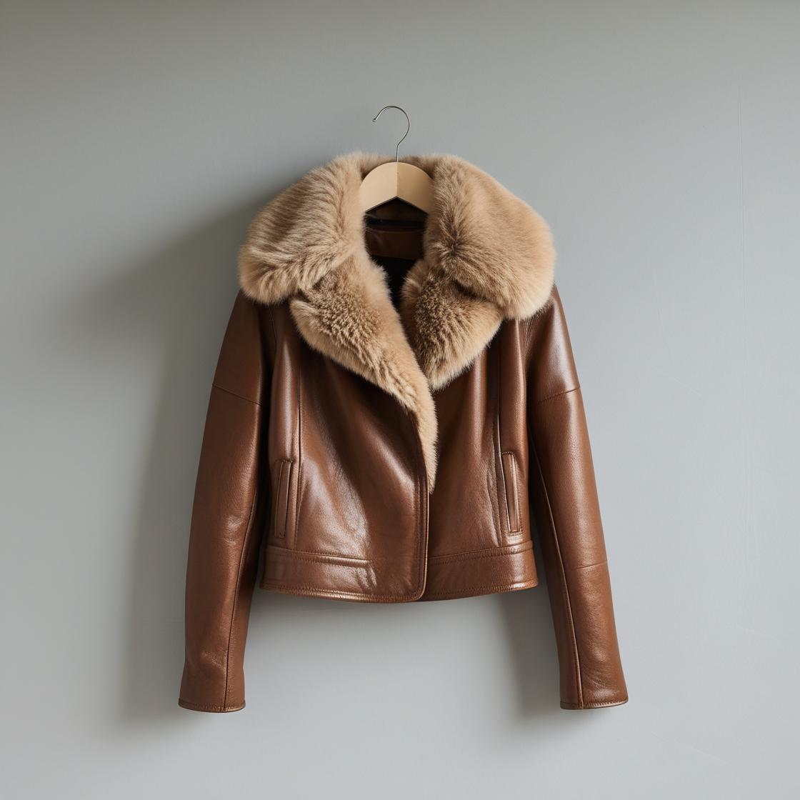 Plain Brown Fur Leather Jacket for Women