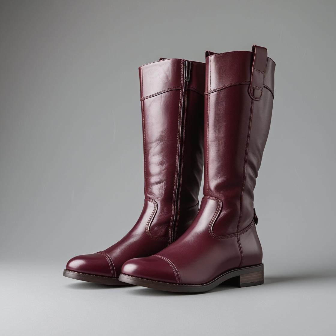 Maroon Classic Leather Knee High Boots