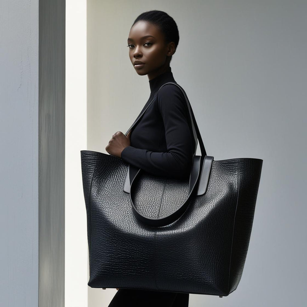 Webbed Black Leather Tote Bag for Women