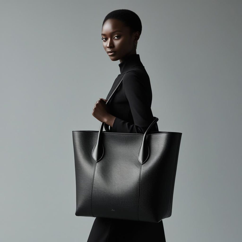 Webbed Black Leather Tote Bag for Women